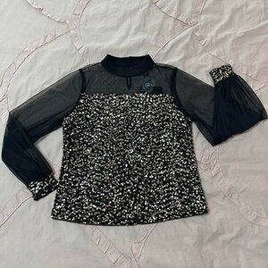 Here & Now black & gold sequin top with mesh sleeves and collar.